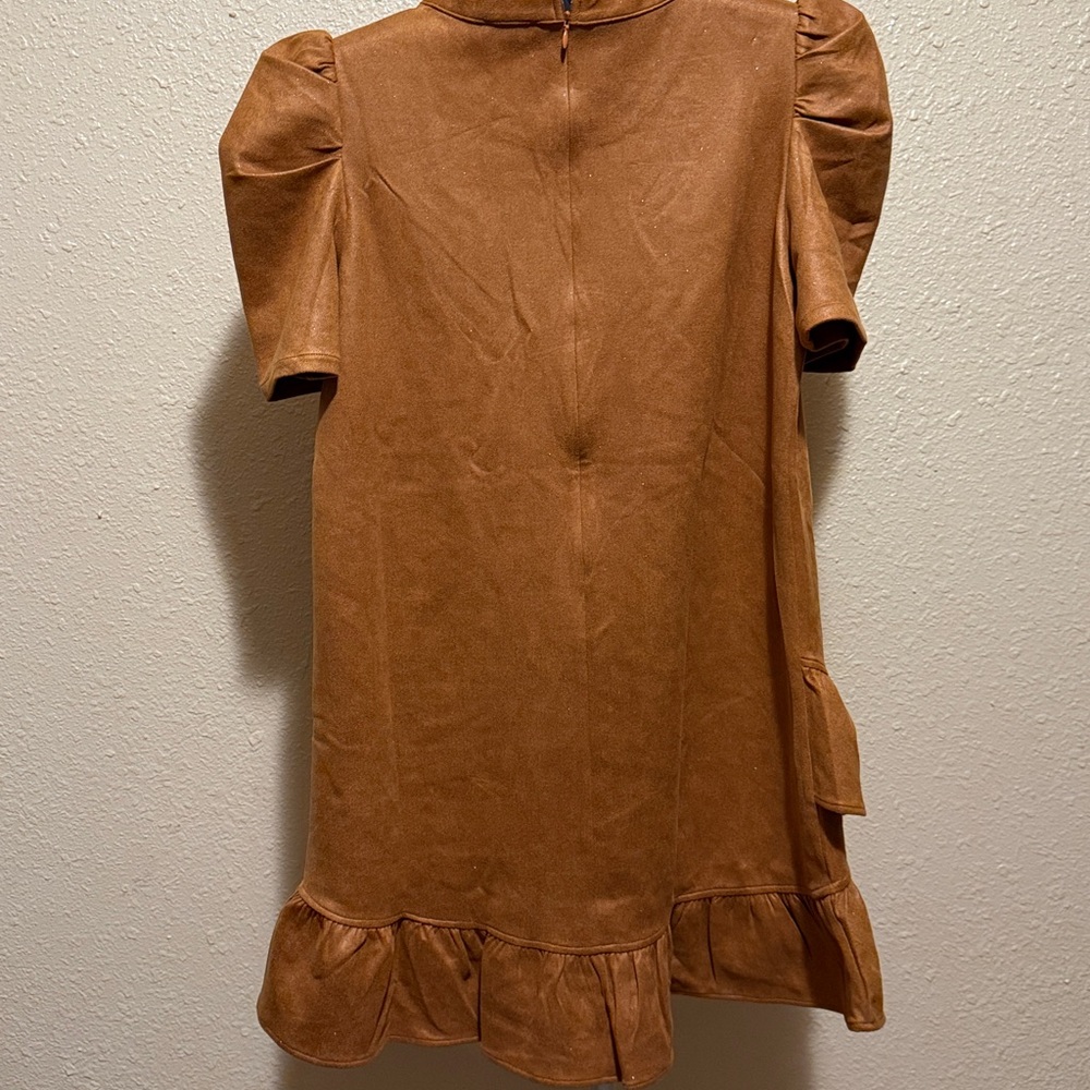 VOY sparkle camel ruffle ASYMETRICAL hem suede mini puff sleeve dress LARGE - Picture 9 of 11